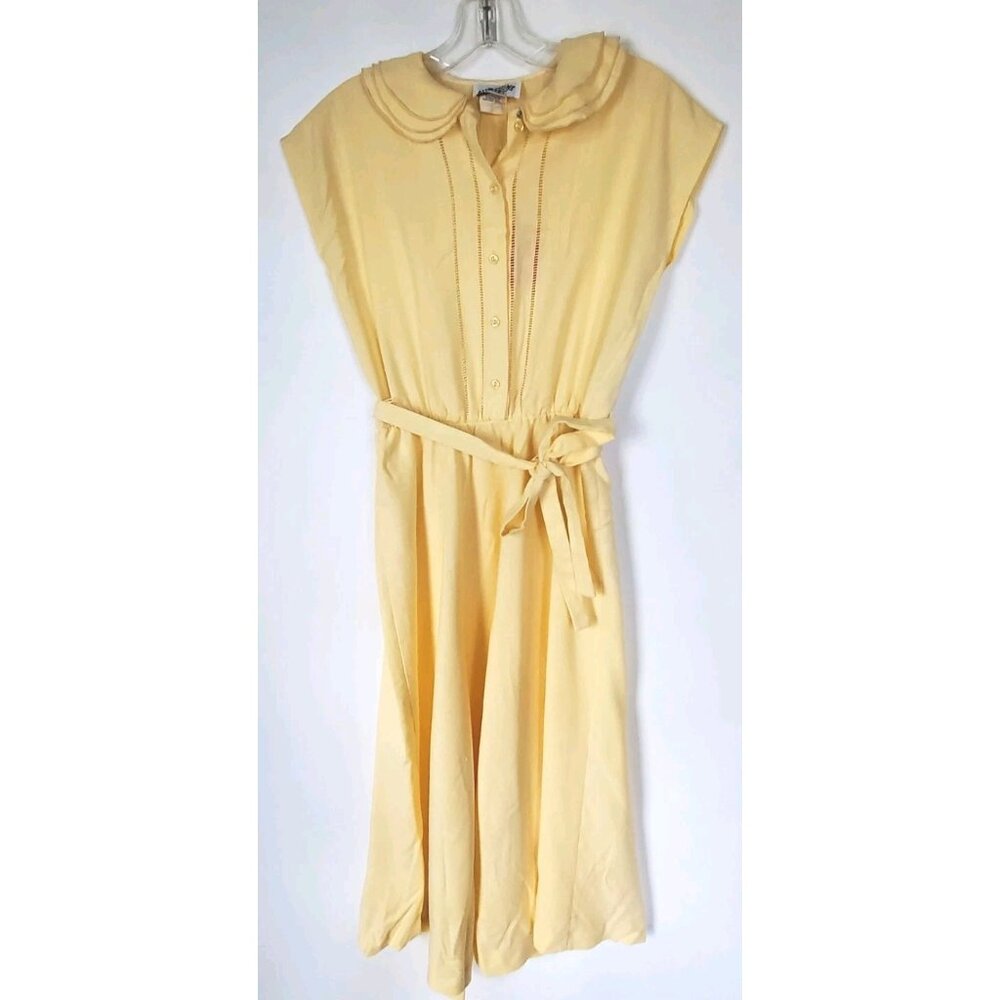 VTG Sunshine Alley Yellow Midi Shirt Dress 70s 80s Eyelet Pleated Secretary S M